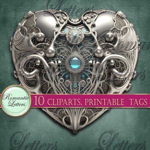 May include: A silver heart-shaped metal design with intricate details and blue gemstones. The design is reminiscent of a clockwork or steampunk aesthetic. 10 Cliparts, Printable Tags.