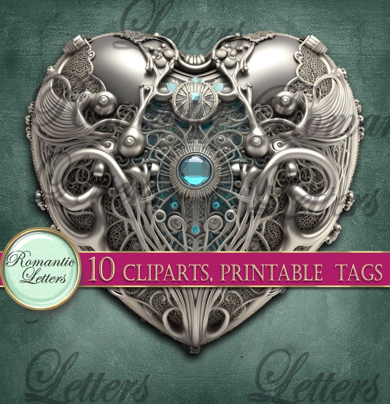 May include: A silver heart-shaped metal design with intricate details and blue gemstones. The design is reminiscent of a clockwork or steampunk aesthetic. 10 Cliparts, Printable Tags.