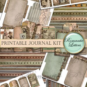 May include: Printable journal kit with a vintage aesthetic. The kit includes various decorative elements, such as tags, frames, and borders, in shades of brown, green, and pink. The text "Printable Journal Kit" and "Romantic Letters" is featured on the image.