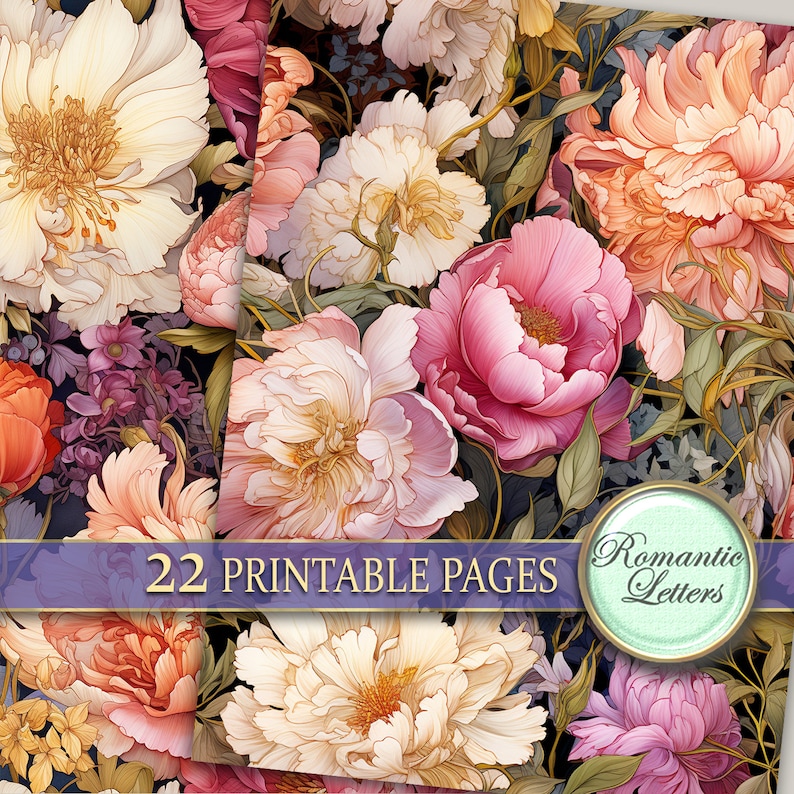 Pu&ograve; includere: Un download digitale di 22 pagine stampabili con un motivo floreale con peonie rosa, bianche e pesca su uno sfondo scuro. Il testo "Romantic Letters" &egrave; in un cerchio nell'angolo in basso a destra dell'immagine.