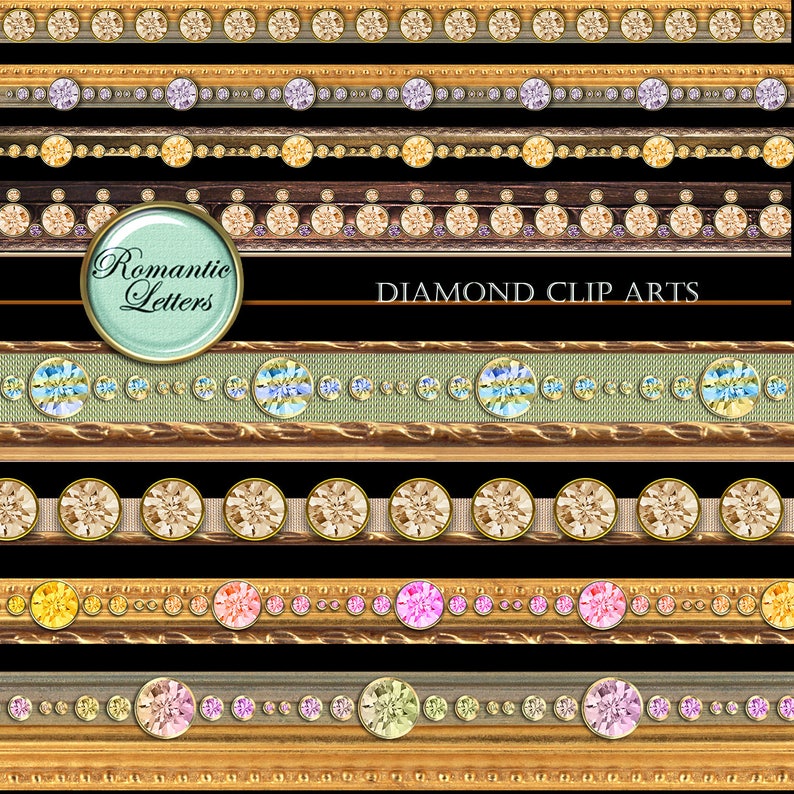 May include: A set of eight digital clip art images featuring gold frames with rows of colorful gemstones. The text "Romantic Letters" and "DIAMOND CLIP ARTS" is displayed on the image.