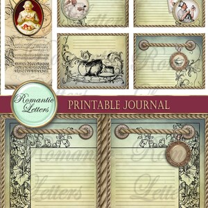 Pu&ograve; includere: Pagine di diario stampabili con un'estetica vintage. Le pagine presentano un bordo in corda, un motivo floreale e un orologio da tasca. Il testo "Romantic Letters" &egrave; stampato sulla pagina.
