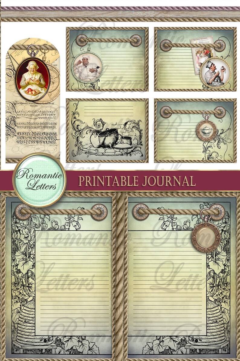 Pu&ograve; includere: Pagine di diario stampabili con un'estetica vintage. Le pagine presentano un bordo in corda, un motivo floreale e un orologio da tasca. Il testo "Romantic Letters" &egrave; stampato sulla pagina.
