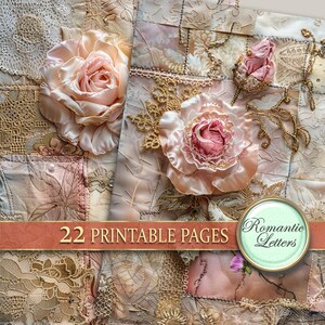 May include: A digital paper pack with 22 printable pages featuring a vintage aesthetic. The pages are decorated with delicate lace, pink roses, and gold accents. The text "Romantic Letters" is displayed on a green circle.