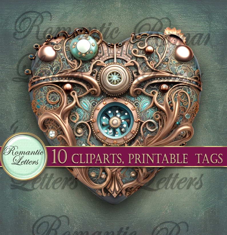 May include: A heart-shaped steampunk design with intricate details in gold and blue. The heart is made of metal and has gears, cogs, and other mechanical elements. It is a digital clipart image.
