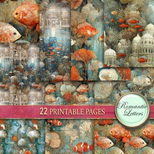 Páginas de diario basura imprimibles digitales, paquete de papel para álbum de recortes, papel artesanal imprimible con acuarela, conchas, perlas, corales, sirena, océano bajo el agua