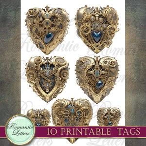 May include: Ten printable tags featuring intricate gold heart designs with blue gemstones and gears. The hearts are in various orientations and have a steampunk aesthetic.