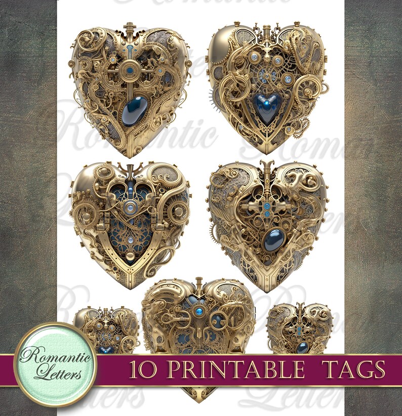 May include: Ten printable tags featuring intricate gold heart designs with blue gemstones and gears. The hearts are in various orientations and have a steampunk aesthetic.
