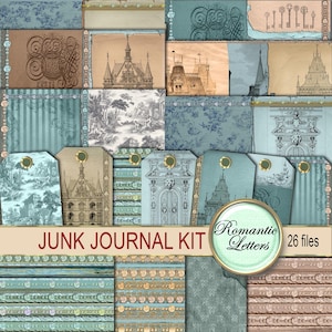 Toile de Jouy Junk Journal: Vintage Travel Ephemera, Printable Scrapbook Paper, Tags, Envelopes (Digital)