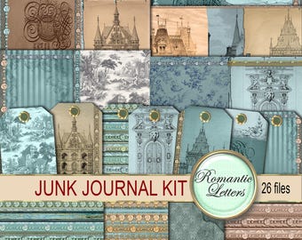 Printable Junk journal kit digital scrapbook printable junk journal paper craft A4  8.5x11 vintage travel journal tag envelope mini album