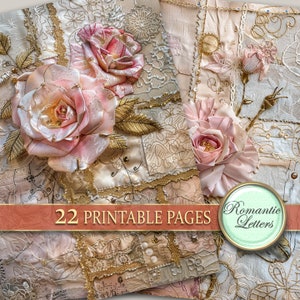 May include: A digital paper pack with 22 printable pages featuring a vintage aesthetic. The pages are decorated with delicate pink roses, gold accents, and intricate lace patterns. The text "Romantic Letters" is displayed on a green circle.