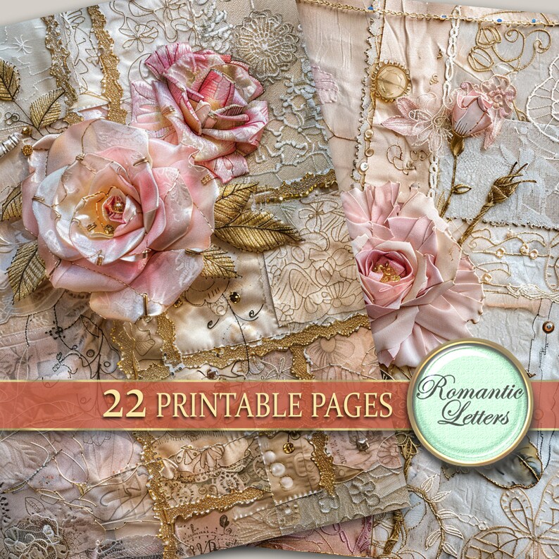 May include: A digital paper pack with 22 printable pages featuring a vintage aesthetic. The pages are decorated with delicate pink roses, gold accents, and intricate lace patterns. The text "Romantic Letters" is displayed on a green circle.