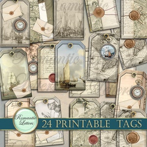 May include: A collection of 24 printable tags with a vintage, romantic theme. The tags feature illustrations of sailboats, maps, clocks, and envelopes sealed with wax. The color palette includes beige, brown, and teal, with gold accents. The text "Romantic Letters" is also visible.