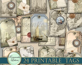 Puede incluir: Un conjunto de 24 etiquetas imprimibles con un tema vintage y romántico. Las etiquetas presentan ilustraciones de veleros, mapas, relojes y sobres sellados con cera. La paleta de colores incluye beige, marrón y verde azulado, con detalles dorados. También se ve el texto "Romantic Letters".
