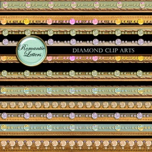 May include: A set of ten digital clip art images featuring gold frames with rows of colorful gemstones. The text "Romantic Letters" and "Diamond Clip Arts" is included in the image.