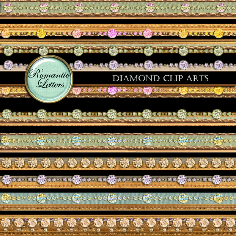 May include: A set of ten digital clip art images featuring gold frames with rows of colorful gemstones. The text "Romantic Letters" and "Diamond Clip Arts" is included in the image.