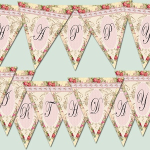 SALE Printable digital banner &quot;Happy Birthday&quot; for birthday party digital Shabby Chic party printable banner birthday Party Baby pink rose