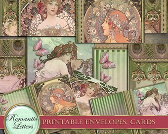 Envelopes vitorianos para imprimir, folha de colagem digital para imprimir, cartão art nouveau para imprimir, download de papelaria para diário para imprimir, papel para artesanato.