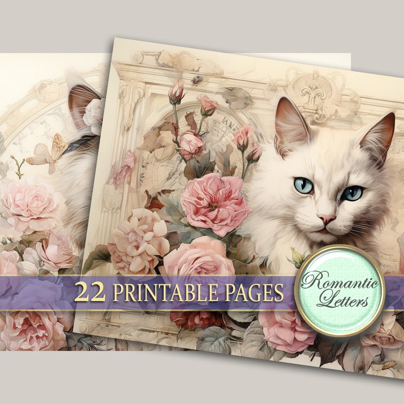 Cats Junk Journal Pages Floral Digital Scrapbook Paper Pack Shabby Chic ...