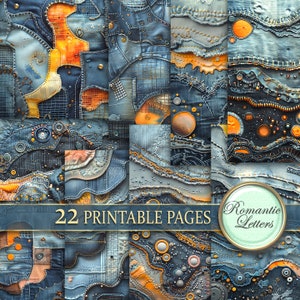 May include: A collage of 22 printable pages featuring denim fabric textures with various embellishments, including stitching, beads, and buttons. The pages are arranged in a grid pattern and have a distressed, vintage aesthetic. The text "22 Printable Pages" and "Romantic Letters" is visible in the image.