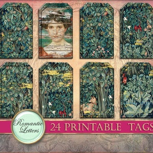 May include: 24 printable tags featuring a vintage floral pattern with a green, blue, and yellow color scheme. The tags are rectangular with rounded corners and have a distressed, antique look.