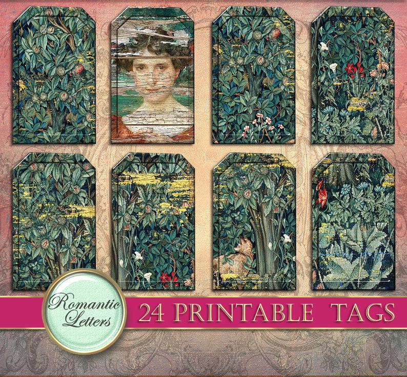 May include: 24 printable tags featuring a vintage floral pattern with a green, blue, and yellow color scheme. The tags are rectangular with rounded corners and have a distressed, antique look.