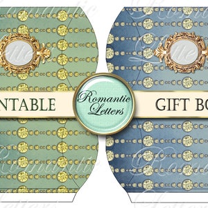 Puede incluir: Plantillas de cajas de regalo imprimibles con un patr&oacute;n de fondo azul y verde con c&iacute;rculos dorados y un marco dorado adornado. El texto "Printable" y "Gift Boxes" est&aacute; en la plantilla.