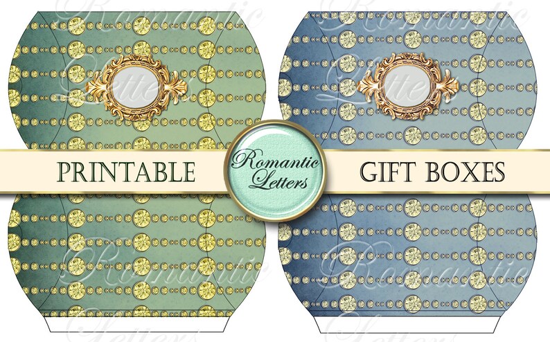 Puede incluir: Plantillas de cajas de regalo imprimibles con un patr&oacute;n de fondo azul y verde con c&iacute;rculos dorados y un marco dorado adornado. El texto "Printable" y "Gift Boxes" est&aacute; en la plantilla.