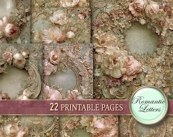 Rose cards digital scrapbook paper pack printable junk journal pages Shabby Chic flower Botanical deqoupage paper vintage floral post cards