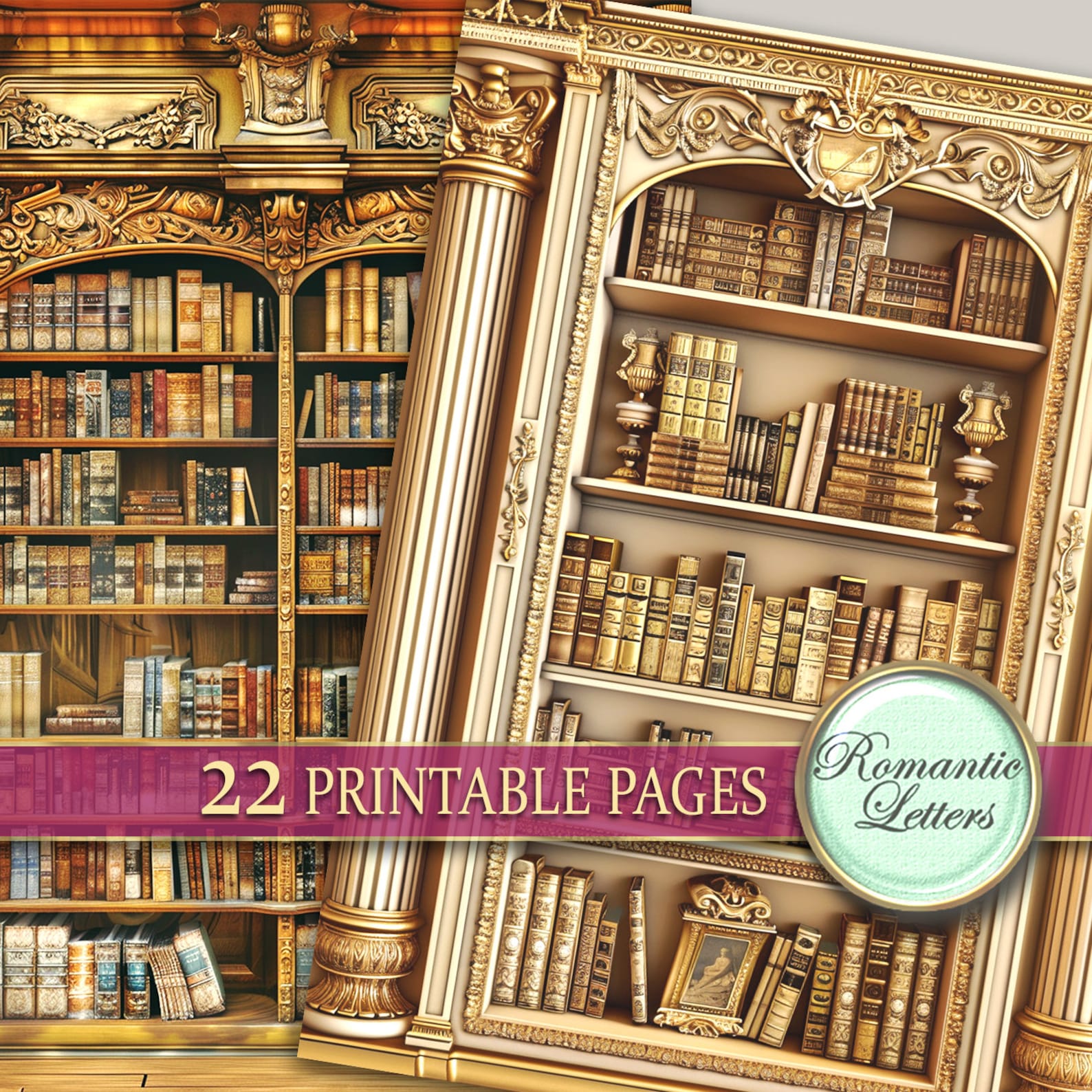 Library Bookshelves Bookcase Digital Scrapbook Paper Pack Printable ...