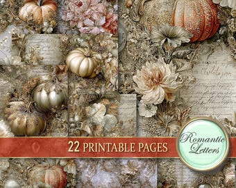 May include: A collage of vintage-style digital art featuring pumpkins, flowers, and script. The color palette includes shades of beige, brown, and orange. The text "22 PRINTABLE PAGES" and "Romantic Letters" are visible.