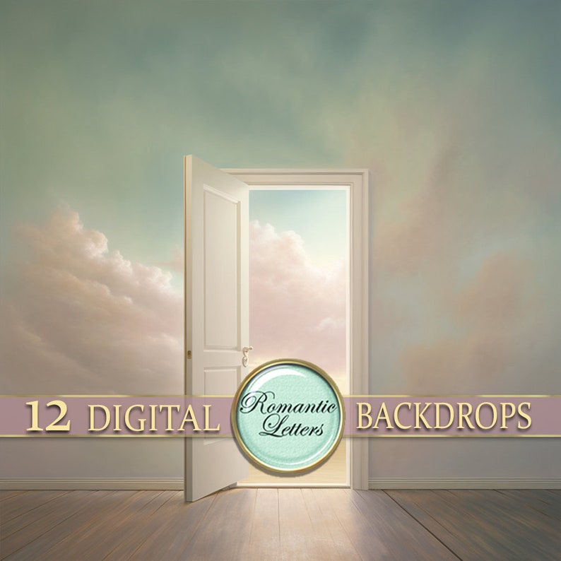May include: A digital backdrop featuring a white door opening to reveal a sky with clouds. The door is in a room with a wooden floor and white walls. The text "12 DIGITAL" and "Romantic Letters" is visible in the image.