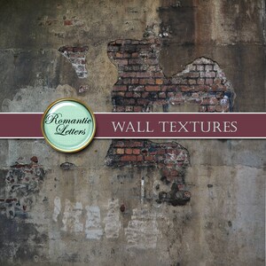 May include: A close-up of a weathered concrete wall with exposed brick. The wall has a distressed, aged look with cracks and peeling paint. The text "WALL TEXTURES" is printed across the bottom of the image.