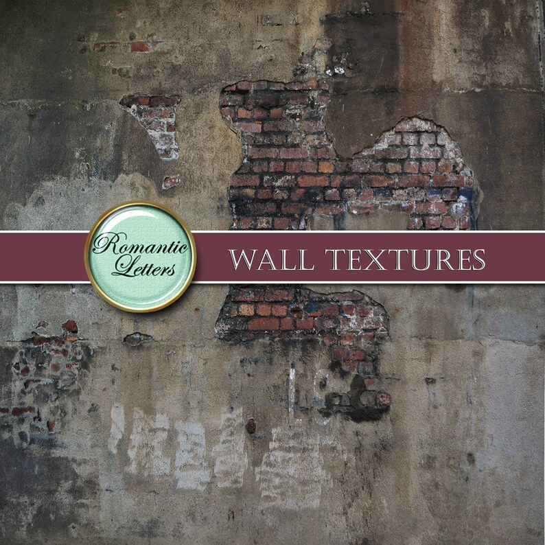May include: A close-up of a weathered concrete wall with exposed brick. The wall has a distressed, aged look with cracks and peeling paint. The text "WALL TEXTURES" is printed across the bottom of the image.