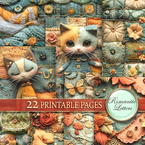 Confezione di carta per scrapbooking stampabile digitale, carta per diario spazzatura, tessuto patchwork, carta per artigianato stampabile autunnale, gatti, fiori, ricamo, maglia