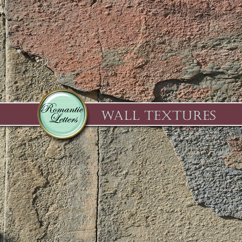 May include: A close-up of a textured wall with a red, brown, and gray color scheme. The wall has a rough, uneven surface with cracks and chips in the paint. The text "WALL TEXTURES" is printed in white on a maroon banner.