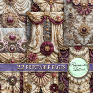 Digital Printable Scrapbook Papier Pack Shabby Chic Stoff Luxus Kraftpapier Gothic Junk Journal Seide Antik Gold Viktorianische Blume Burgund