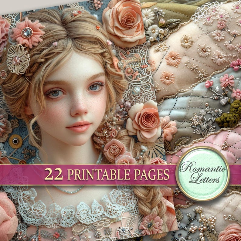K&ouml;nnte beinhalten: Eine digitale Collage mit einer jungen Frau mit blonden Haaren und einer Blumenkrone. Der Hintergrund ist ein Patchwork aus Stoff mit Blumenstickereien und Spitze. Der Text "22 druckbare Seiten" und "Romantische Briefe" ist auf dem Bild zu sehen.