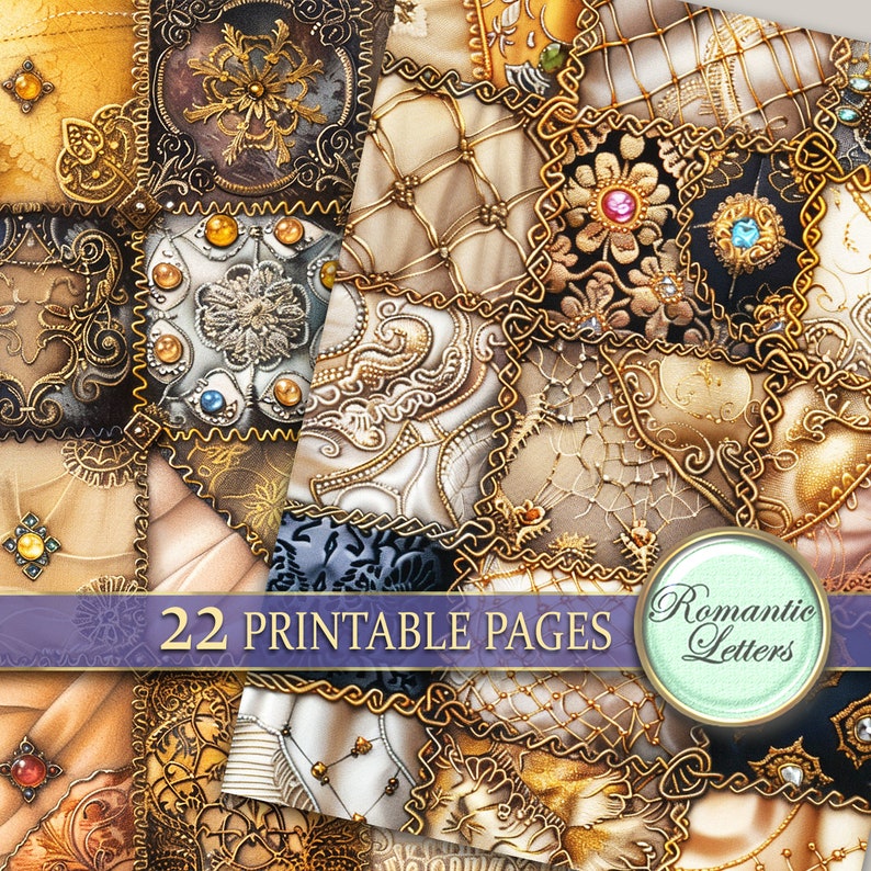 Digital printable scrapbook paper pack medieval fabric luxury craft paper gothic junk journal tufted silk antique gold Victorian paper A4 image 8