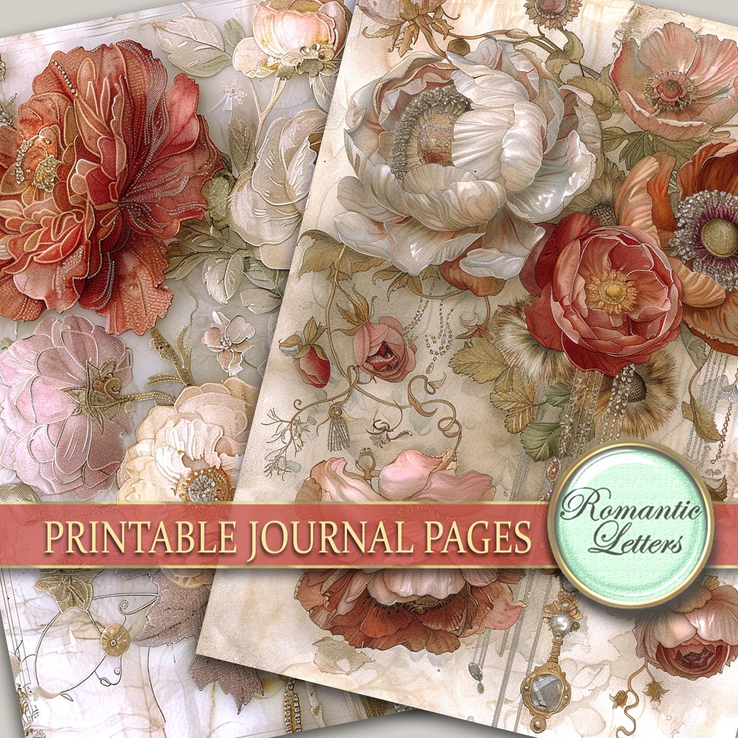Floral Junk Journal Pages Digital Scrapbook Paper Pack Shabby Chic Rose ...