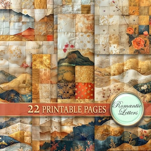 Puede incluir: Un collage digital de 22 páginas imprimibles con un mosaico de diseños de inspiración japonesa. Las páginas presentan una variedad de colores, incluyendo oro, rojo, azul y blanco. Los diseños incluyen montañas, flores y patrones geométricos. El texto "22 páginas imprimibles" y "Letras románticas" está incluido en la imagen.