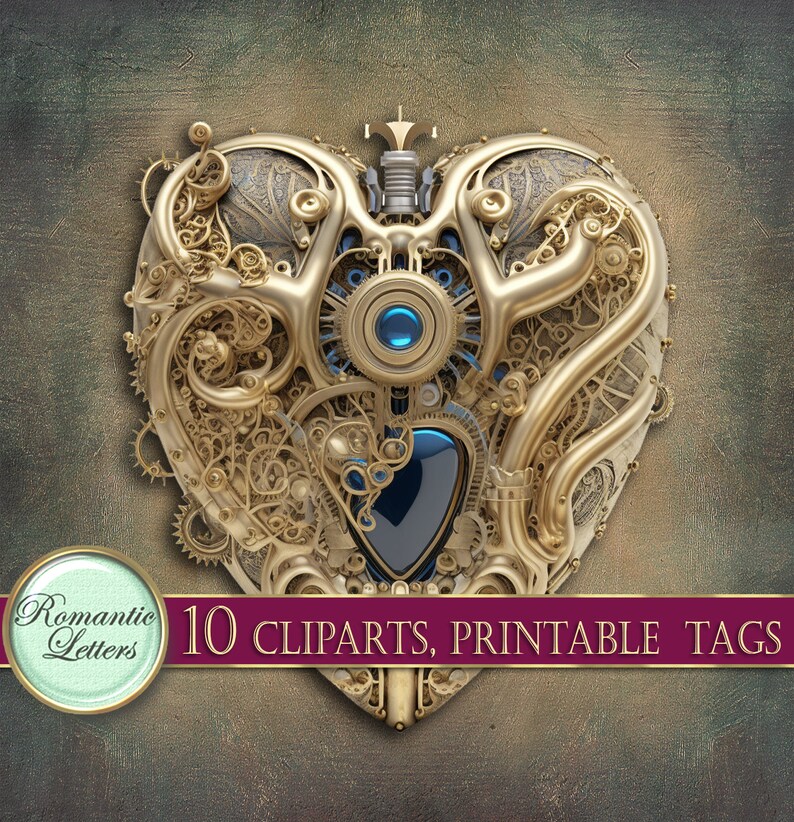 May include: A gold-colored, intricate, heart-shaped design with a blue jewel in the center. The design is made of gears, cogs, and other mechanical elements. The text "10 CLPARTS, PRINTABLE TAGS" is at the bottom of the image.