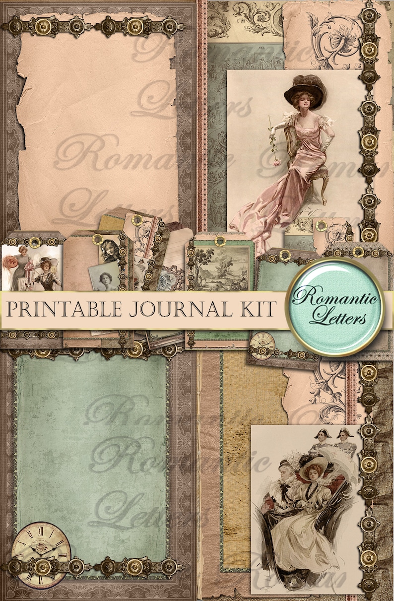 May include: Printable journal kit with vintage style images and text. The kit includes a variety of images, including a woman in a long dress, a clock, and a floral design. The text on the images includes "Romantic Letters" and "Printable Journal Kit".