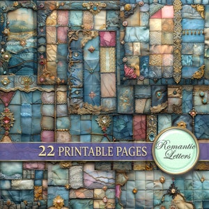 Peut inclure: Un collage numérique de 22 pages imprimables avec un motif patchwork dans des tons bleus, roses et dorés. Les pages sont décorées de dentelle, de bijoux et de cadres ornés. Le texte "22 pages imprimables" et "Lettres romantiques" est visible sur l'image.