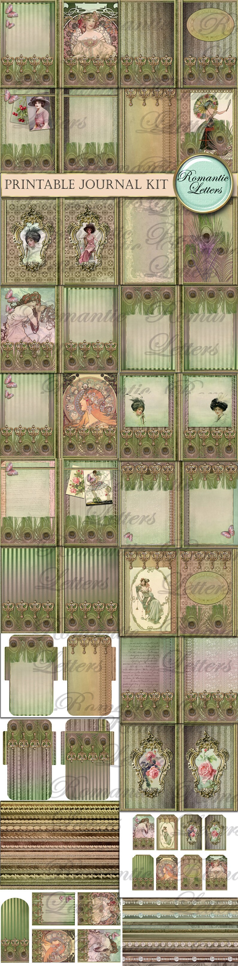 Pode incluir: Kit de di&aacute;rio imprim&iacute;vel com uma est&eacute;tica vintage. O kit inclui uma variedade de elementos decorativos, como padr&otilde;es florais, penas de pav&atilde;o e molduras ornamentadas. O texto "Romantic Letters" aparece em um r&oacute;tulo circular.