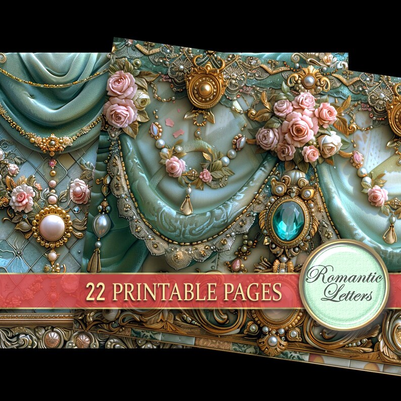 Puede incluir: P&aacute;ginas imprimibles digitales con tem&aacute;tica rom&aacute;ntica. El dise&ntilde;o presenta adornos dorados ornamentados, rosas rosas, perlas y cortinas turquesas. El texto dice "22 p&aacute;ginas imprimibles" y "Cartas rom&aacute;nticas" en una fuente decorativa.