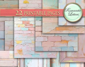 May include: A collage of 22 printable digital paper pages featuring pastel-colored brick and wood textures. The text "22 Printable Pages" is displayed in a red banner across the top of the image. The text "Romantic Letters" is displayed in a circle with a green background.