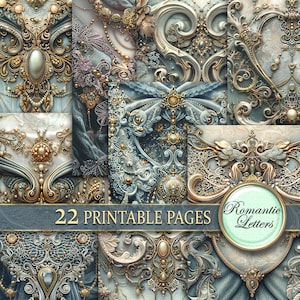 Digital printable Scrapbook Papier Pack Shabby Chic Hochzeitsalbum Luxus bedruckbares Kraftpapier Stickerei Barocke Journalseiten Goldspitze