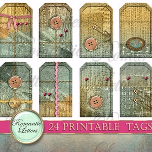 May include: Twenty-four printable tags featuring a patchwork design with buttons, pins, and safety pins. The tags are in shades of brown, green, and beige with pink accents.