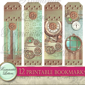 May include: Twelve printable bookmarks featuring a steampunk design with gears, clock faces, and a porthole. The bookmarks are in shades of brown, green, and blue.